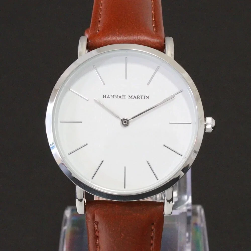 Men's Classic Minimalist 2 Hand Quartz Watch Raised Indices Brown Strap 36mm